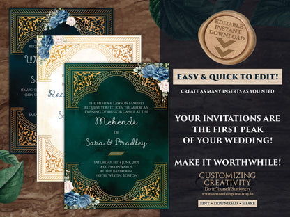 Emerald Gold Wedding Invitation Navy as Arabic Wedding invite Moroccan, Jewel tone Wedding Card Moroccan, Muslim Wedding Invite Nikkah card