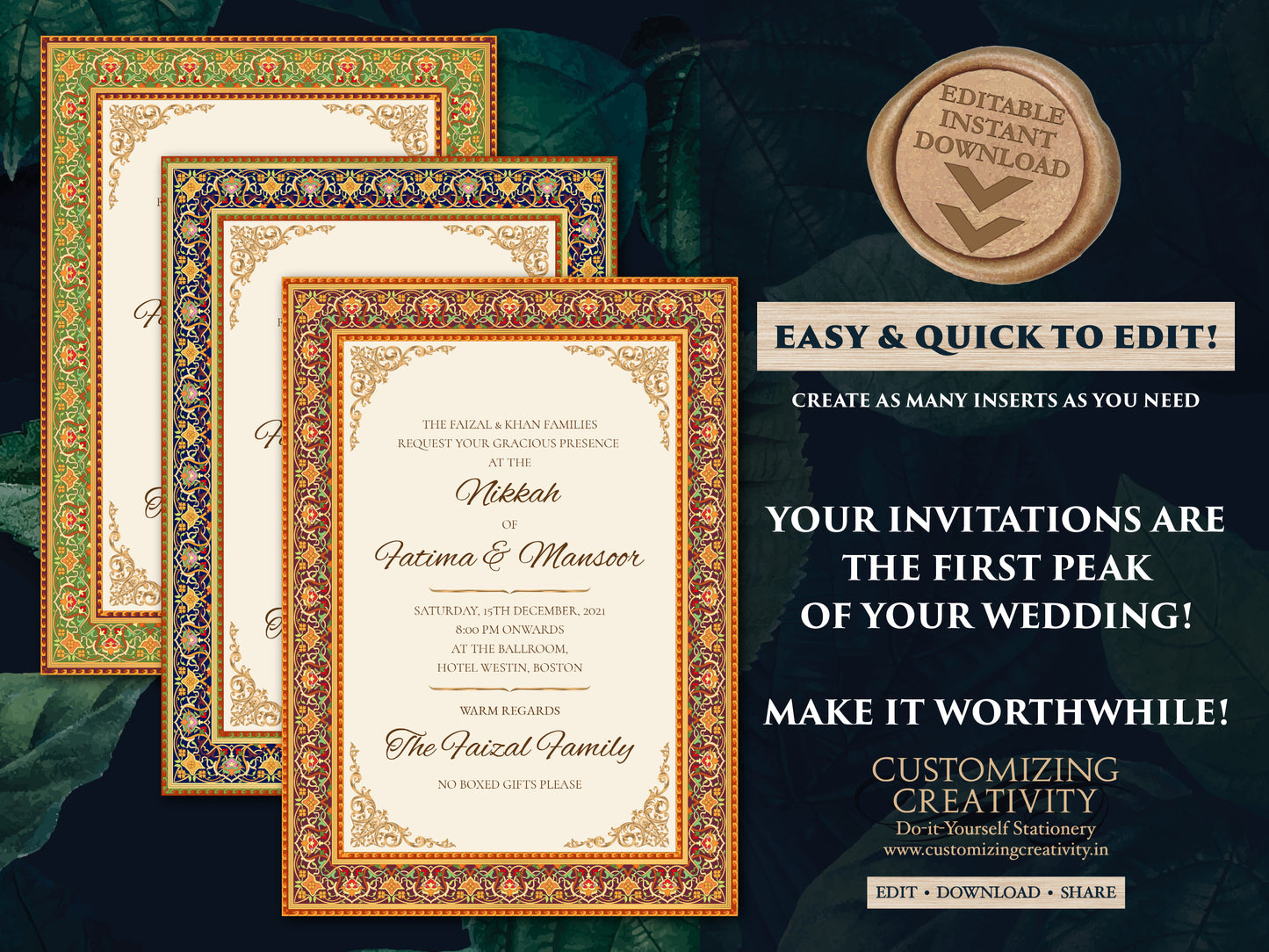 Muslim Wedding invitation as Arabic Wedding Shaadi Card, Nikkah invite, Nikah invitation as Arabic invite, Muslim invite as Mehndi invite