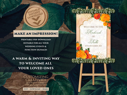 Marigold Welcome Signs for Indian Welcome sign, Mehndi Signs for Indian Mendhi Welcome Signage, Indian Wedding Sign marigold Henna Party