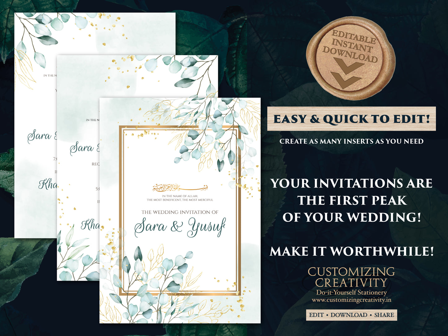 Muslim Invitations Digital Nikkah invite, Walima Invitation & Digital Arabic invitation, Muslim wedding card as Digital Islamic wedding card