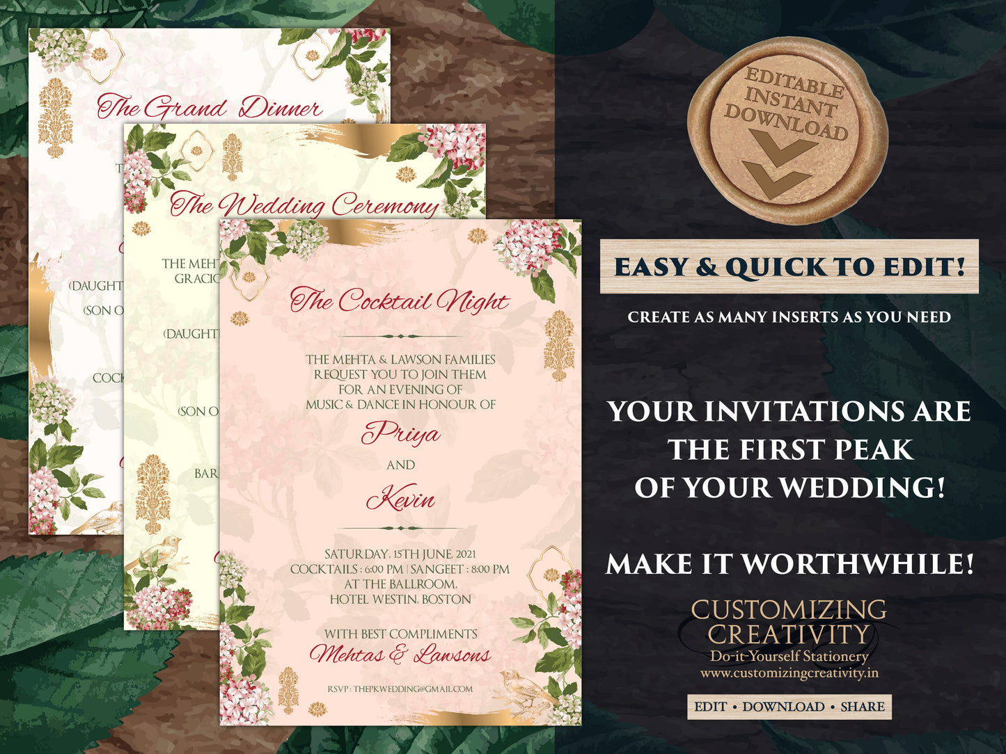 Wedding Invites Boho as Boho Flower Wedding card Garden, Boho Indian Invitations Pastel, Indian Wedding invites & Hindu Wedding card Florals