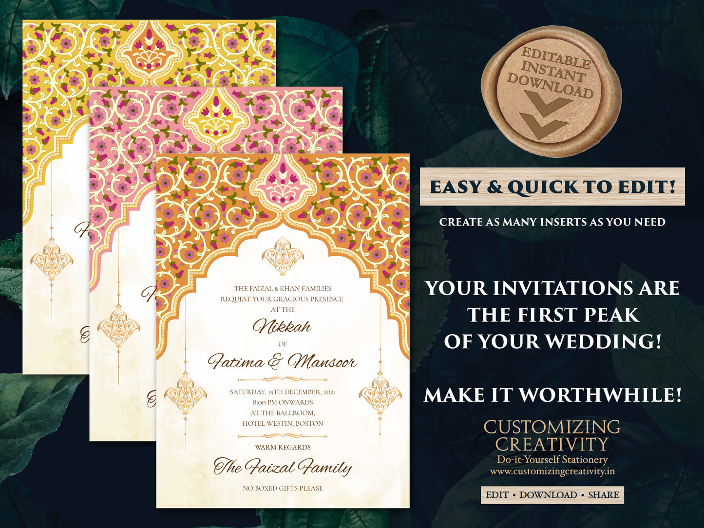 Royal wedding card as Muslim Wedding invitation, Arabic Wedding Card & Muslim Nikkah invite as Nikah invitation Arabic invite, Muslim invite