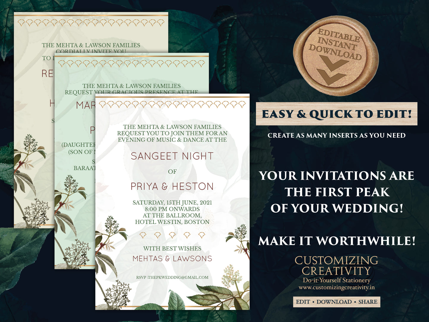 Garden Wedding Invites as Greenery Wedding card Garden, Botanical Invitations Pastel, Indian Wedding invites & Hindu Wedding cards Digital