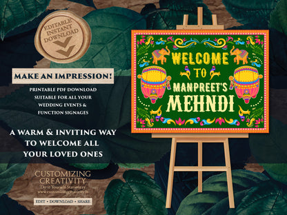 Mehndi Welcome Signs as Mehndi Signs, Jaggo Welcome signs & Mendhi signs, Punjabi Wedding Maiyan Signs as Mehendi decor sign Rickshaw Desi