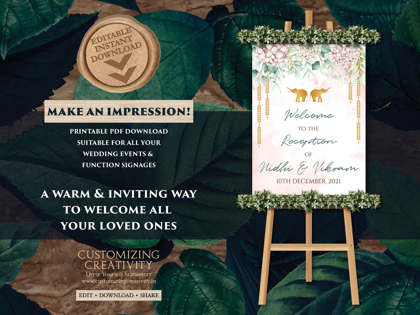 Reception Welcome Signs as Indian Wedding Welcome Sign Elephant, Reception sign Floral as Hindu Welcome Sign Pastel, Elephant Welcome Indian