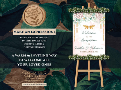 Reception Welcome Signs as Indian Wedding Welcome Sign Elephant, Reception sign Floral as Hindu Welcome Sign Pastel, Elephant Welcome Indian