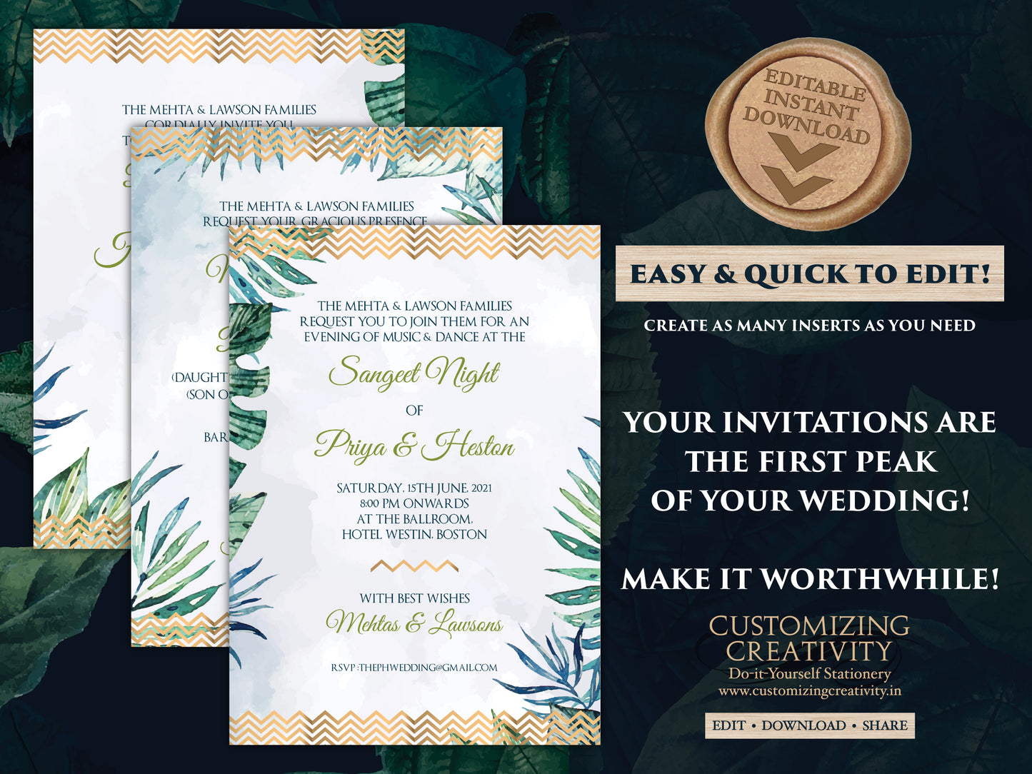Tropical Wedding as Beach Wedding invitations, Spring Wedding cards, Summer Invite Destination Wedding & Indian Wedding invites Hindu cards
