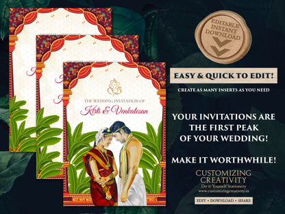 Telugu Wedding card & Telugu Wedding invite, Tamil wedding card as South Indian Wedding invitation, Tamil Wedding invitation as Tamil invite