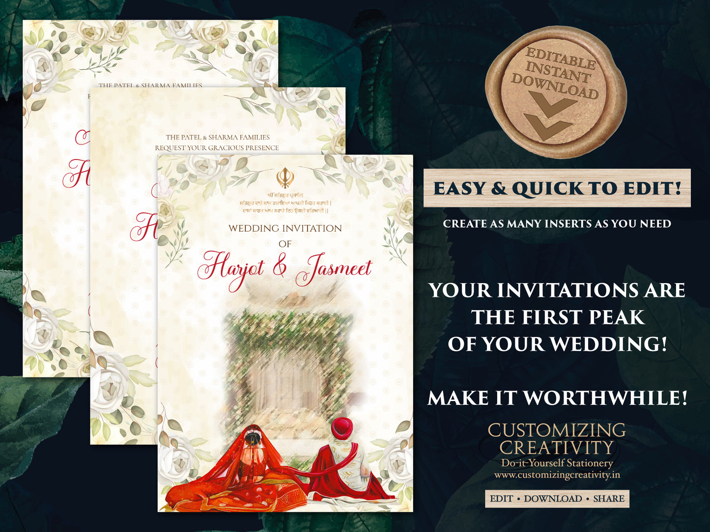 Punjabi wedding card as Sikh wedding card Indian, Anand Karaj invites & Sikh Wedding Invite, Punjabi Wedding invite as Sikh invitations