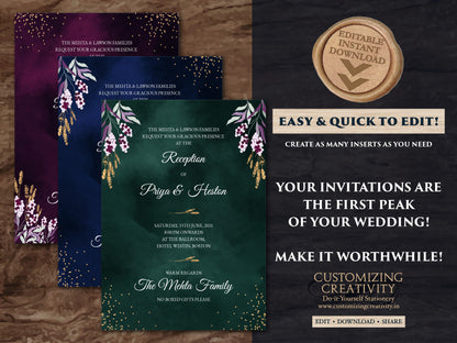 Jewel Tone Wedding Invitation Download for Fall Wedding Invitation, Fall Invitation Suite in Navy, Emerald & Deep Purple Wedding Invite Fall