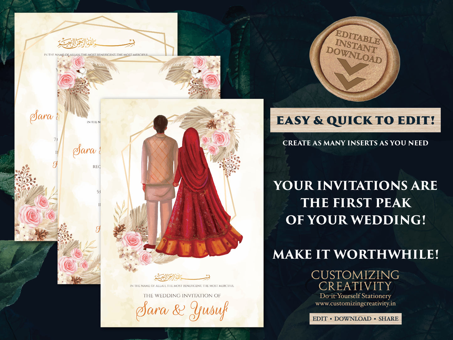 Muslim wedding Invitation Nikkah invite Digital, Islamic Invitation Pakistani & Digital Nikah invitation, Muslim wedding card as Shaadi card