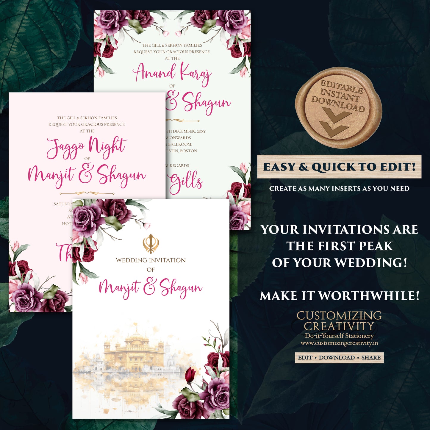 Sikh Shaadi card Punjabi Wedding invitation, Sikh wedding card & Punjabi Wedding invitation, Indian wedding invitation Sikh wedding invite