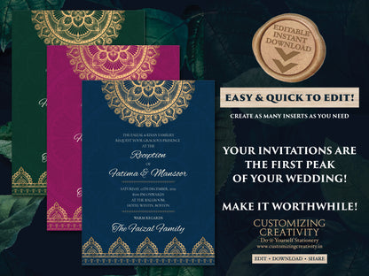 Mandala invitations Jewel tone as Arabic invites Emerald green, Muslim Nikkah invite as Nikah invitations Green, Muslim invite cards Emerald