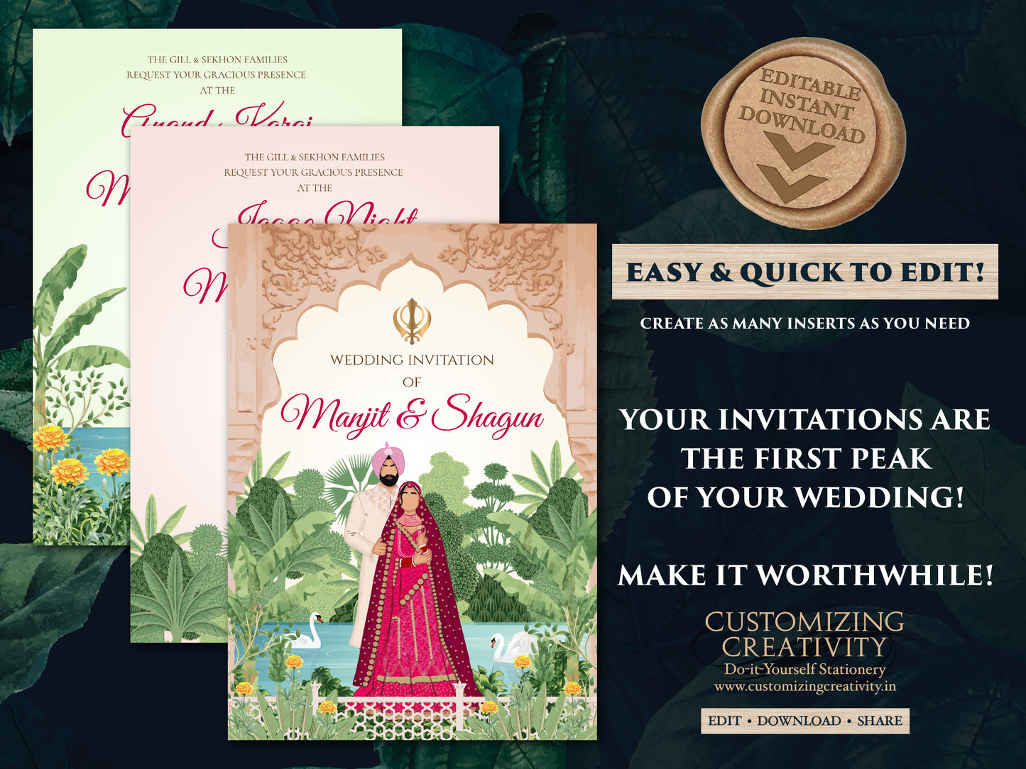 Punjabi wedding invitation Sikh wedding card, Punjabi Wedding card & Sikh Wedding invitation, Indian wedding cards as Anand Karaj invitation