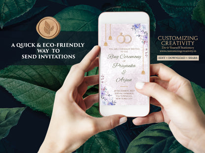 Ring Ceremony invite Spring as Summer Engagement template Indian, Digital Ring Ceremony cards Floral & WhatsApp Engagement invitations Hindu