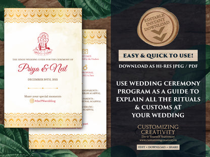 Hindu Ceremony program as Indian Wedding infographics Guide, Hindu Wedding Program printable as Indian Wedding guide template Hindu programs