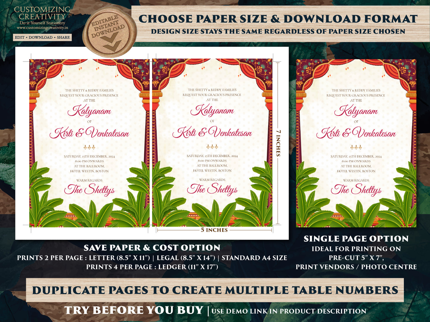 Telugu Wedding card & Telugu Wedding invite, Tamil wedding card as South Indian Wedding invitation, Tamil Wedding invitation as Tamil invite