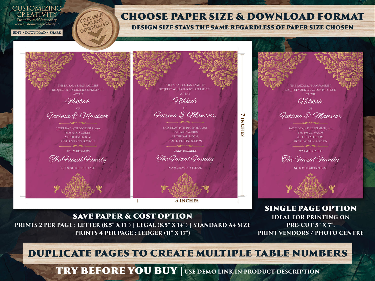 Emerald Green & Gold Nikah invite as Arabic Wedding card, Nikkah Invitation and Muslim invitation, Gold and Emerald Muslim Wedding invites