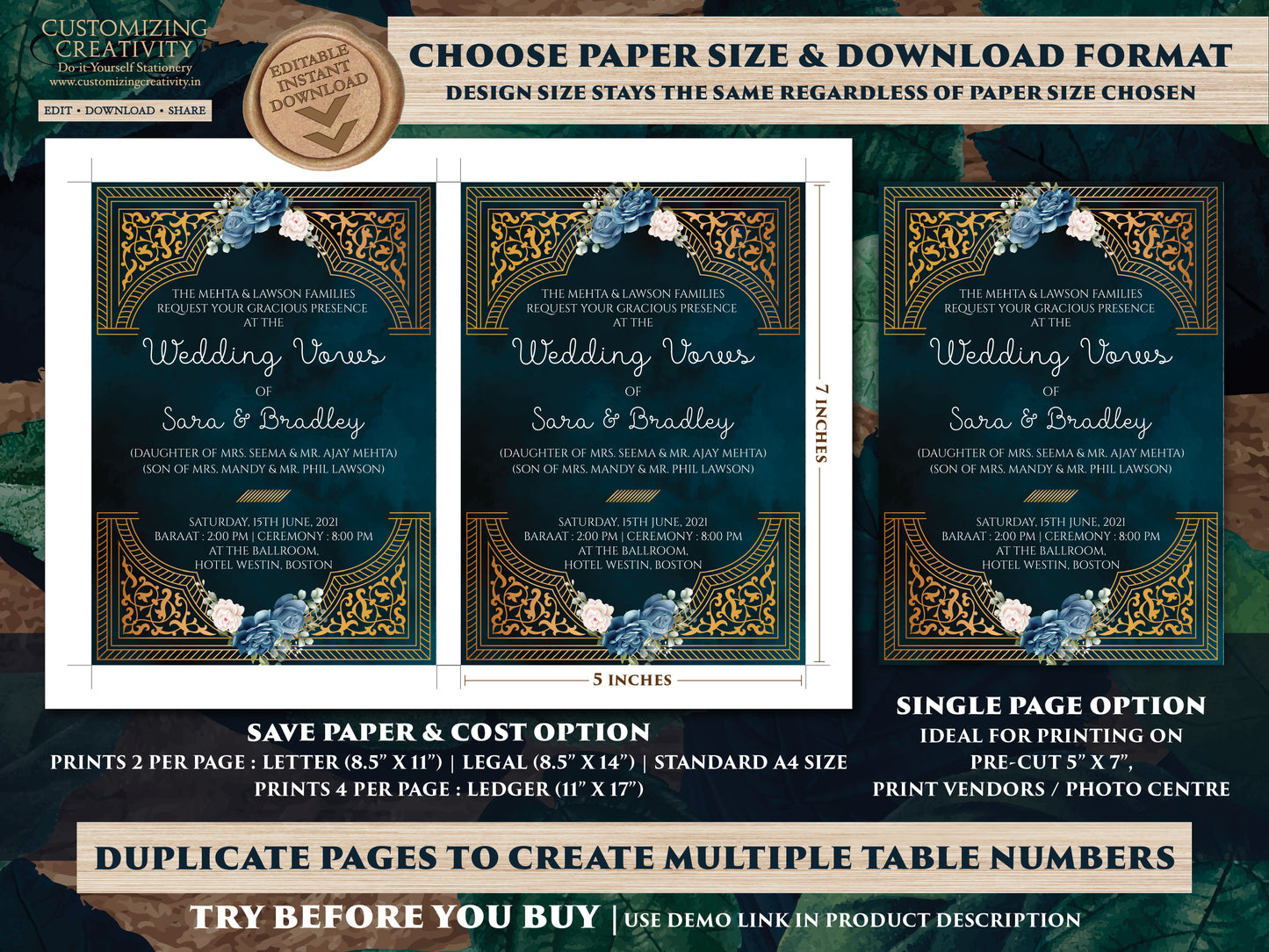 Emerald Gold Wedding Invitation Navy as Arabic Wedding invite Moroccan, Jewel tone Wedding Card Moroccan, Muslim Wedding Invite Nikkah card