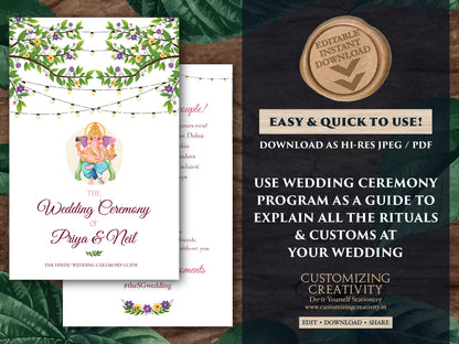 Hindu Wedding Program printable as Indian Wedding Ceremony program template, Hindu Ceremony program as Indian Wedding infographics Guide