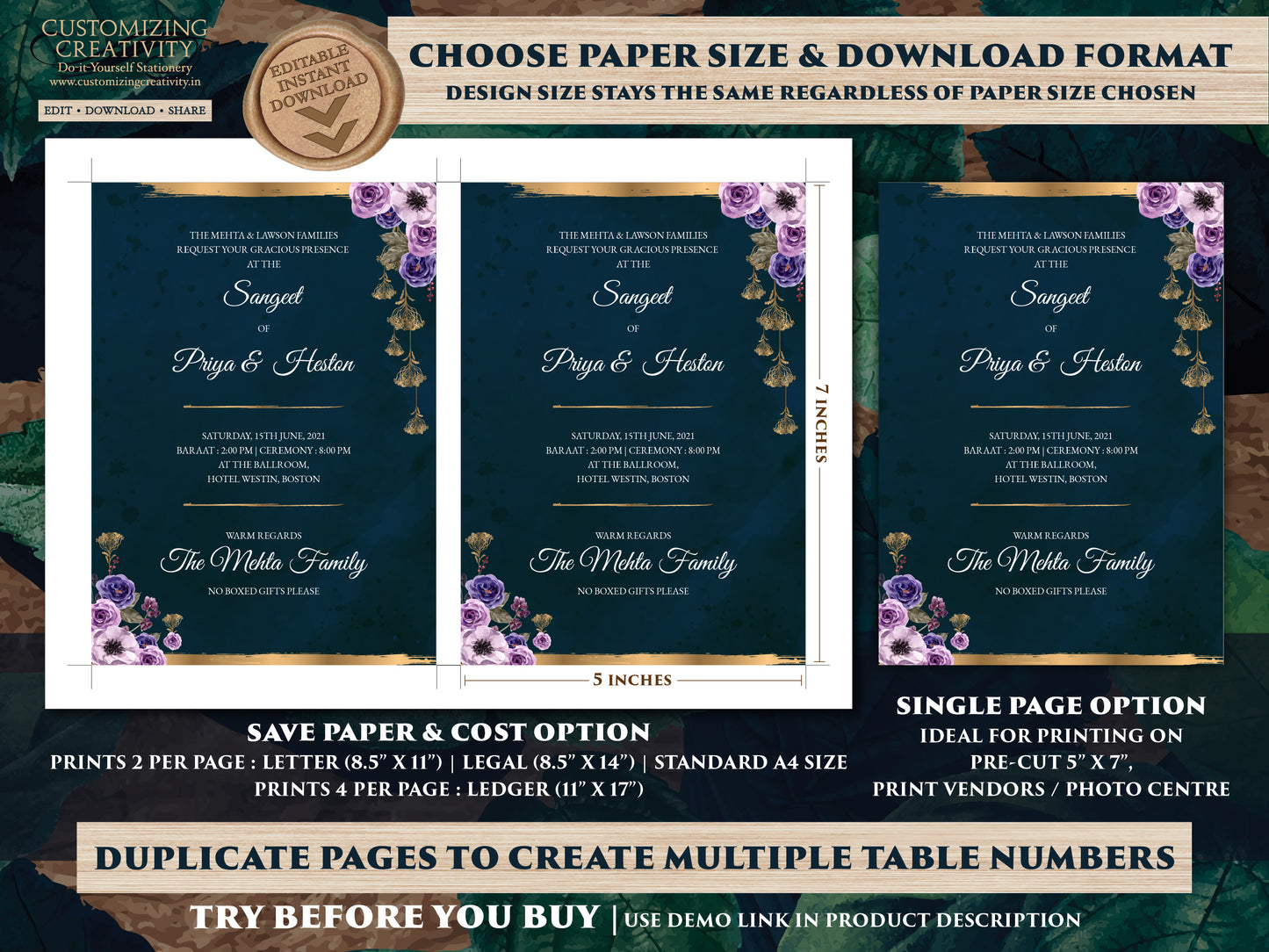 Jewel Tone Wedding Invitation Download for Fall Wedding Invitation, Fall Invitation Suite Navy, Emerald & Pink Wedding Invite Fall Wedding