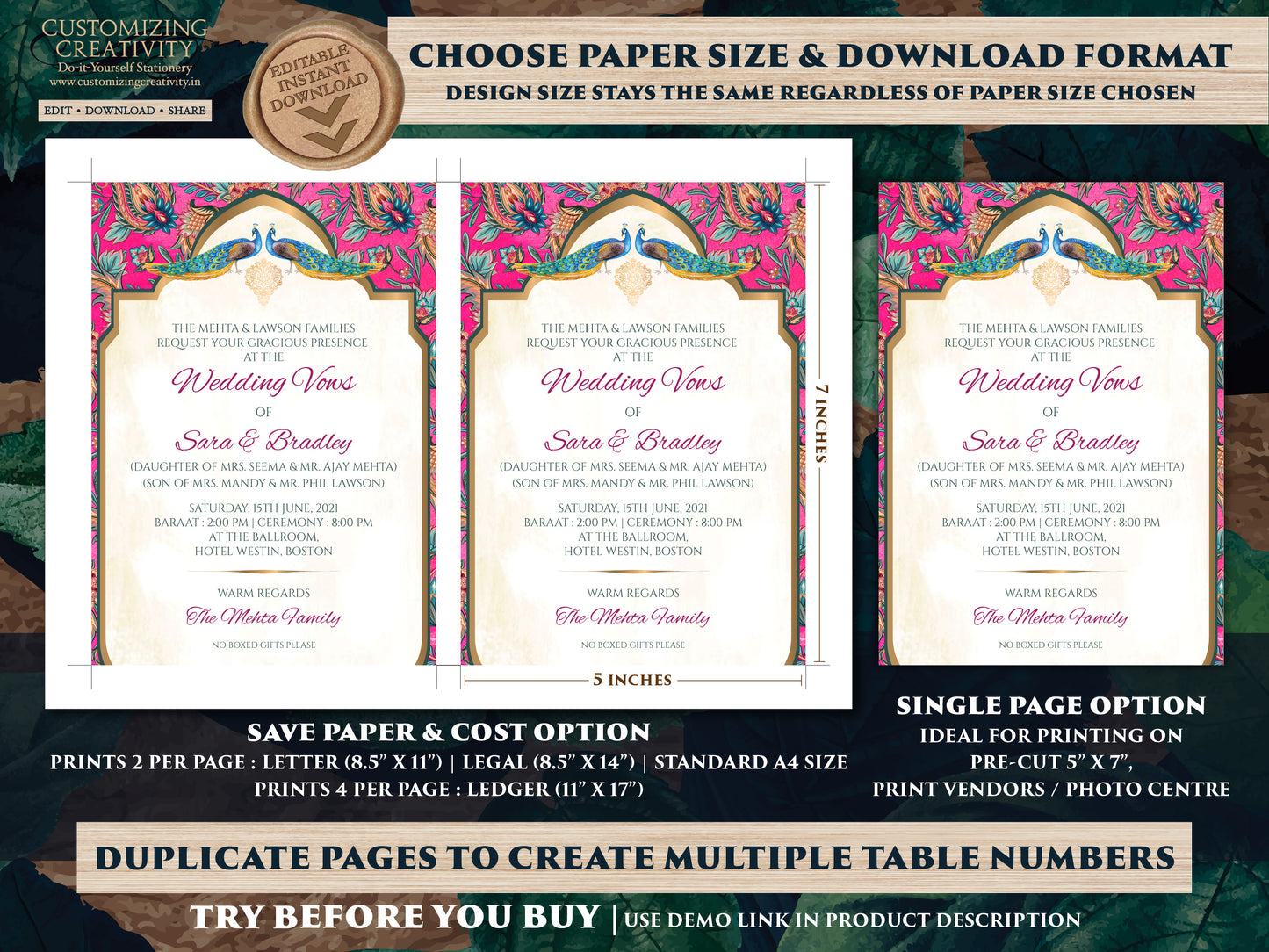 Paisley Wedding Invitation Template Download for a Boho Indian Wedding Peacock Invitation Suite, Modern, Elegant DIY Editable Wedding Invite