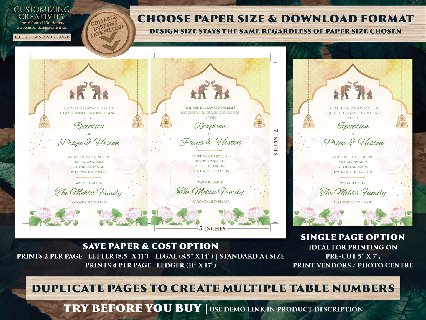 Pastel Invitation for Indian Wedding, Indian Elephant Invitation Template Download for Pastel Wedding in Blush Pink with Elephants & Lotus