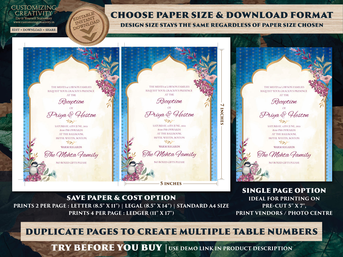 Jewel Tone Wedding Invitation Template Download for Boho Indian Wedding, Royal Invitation Suite Indian invitation card with Jewel Tones