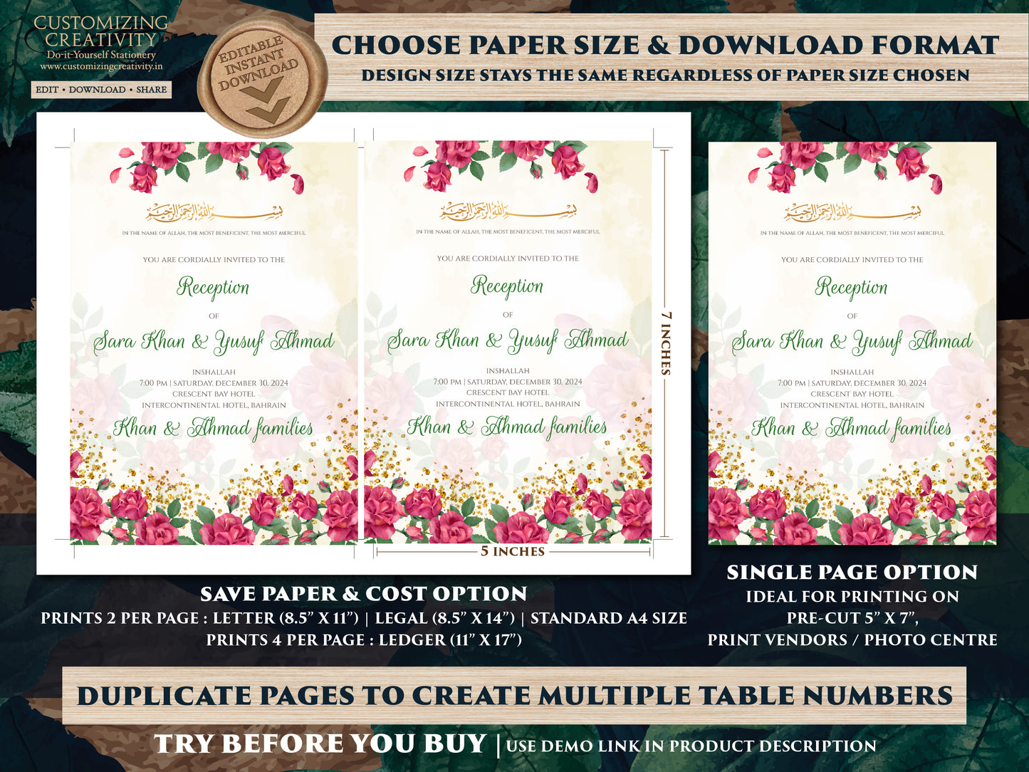 Digital Islamic Walima card Muslim Invitations, Nikkah invite Arabic Invitation & Digital Nikkah cards, Muslim wedding cards as Shaadi cards
