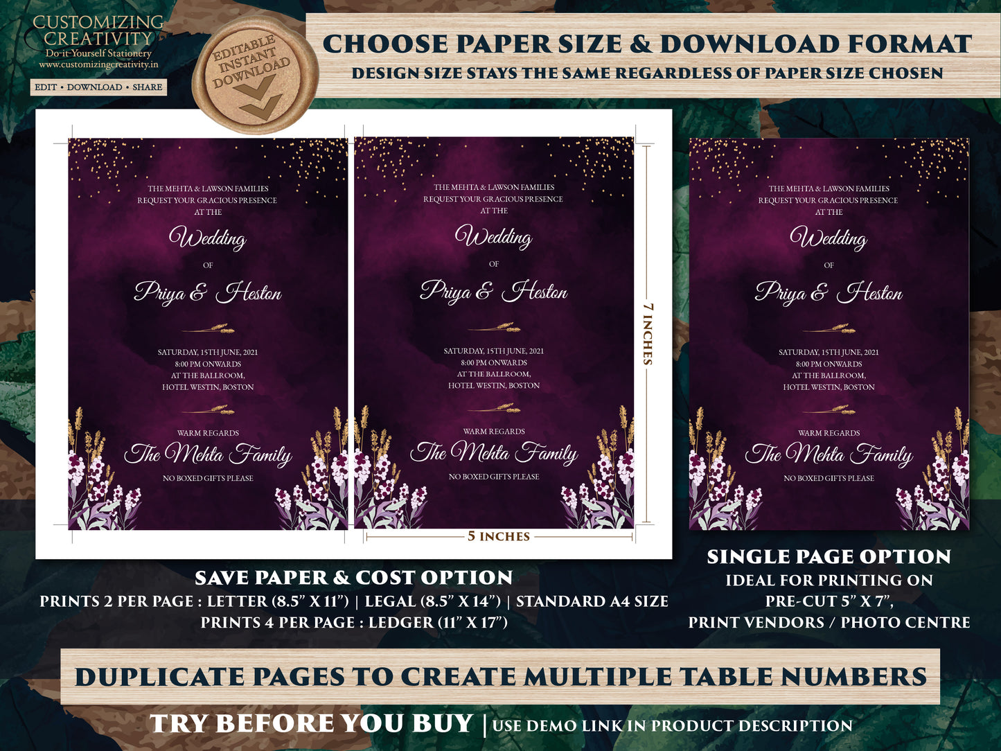 Jewel Tone Wedding Invitation Download for Fall Wedding Invitation, Fall Invitation Suite in Navy, Emerald & Deep Purple Wedding Invite Fall