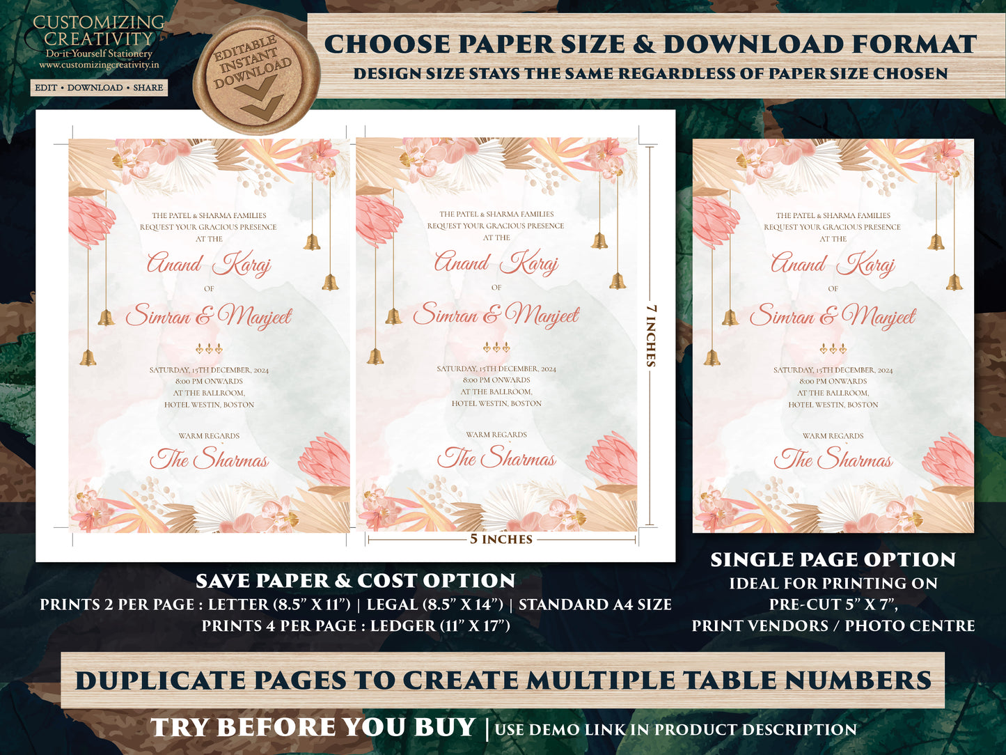 Sikh wedding card as Anand Karaj invitation, Sikh Wedding Invite Indian as Punjabi Wedding invite, Sikh invitations as Punjabi wedding card