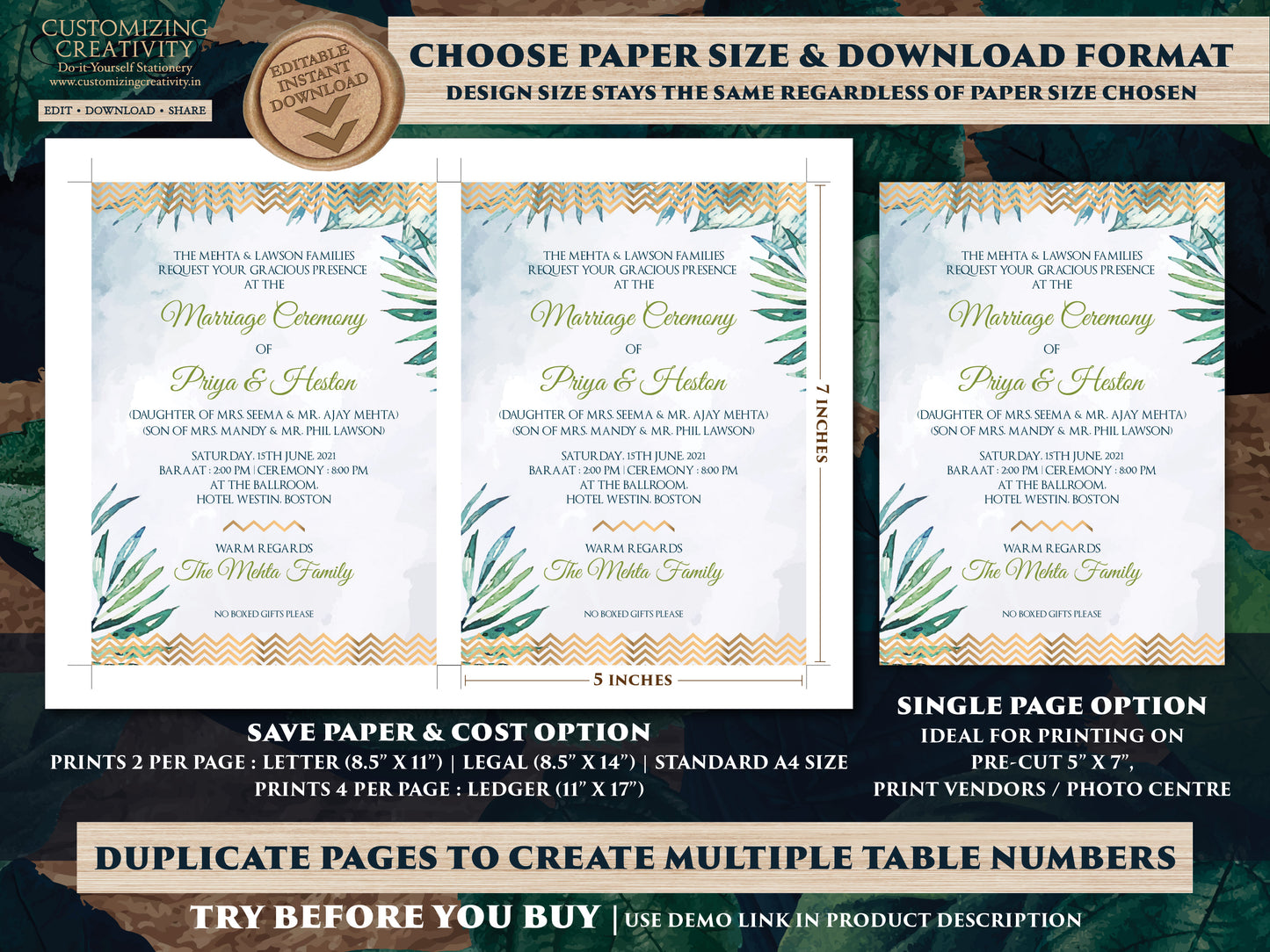 Tropical Wedding as Beach Wedding invitations, Spring Wedding cards, Summer Invite Destination Wedding & Indian Wedding invites Hindu cards
