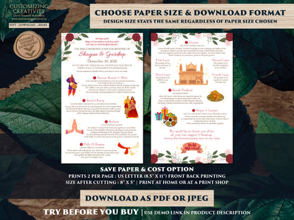 Sikh Wedding guide templates, Sikh ceremony infographics & Sikh ceremony program guide, Punjabi Wedding guide Indian as Anand Karaj programs