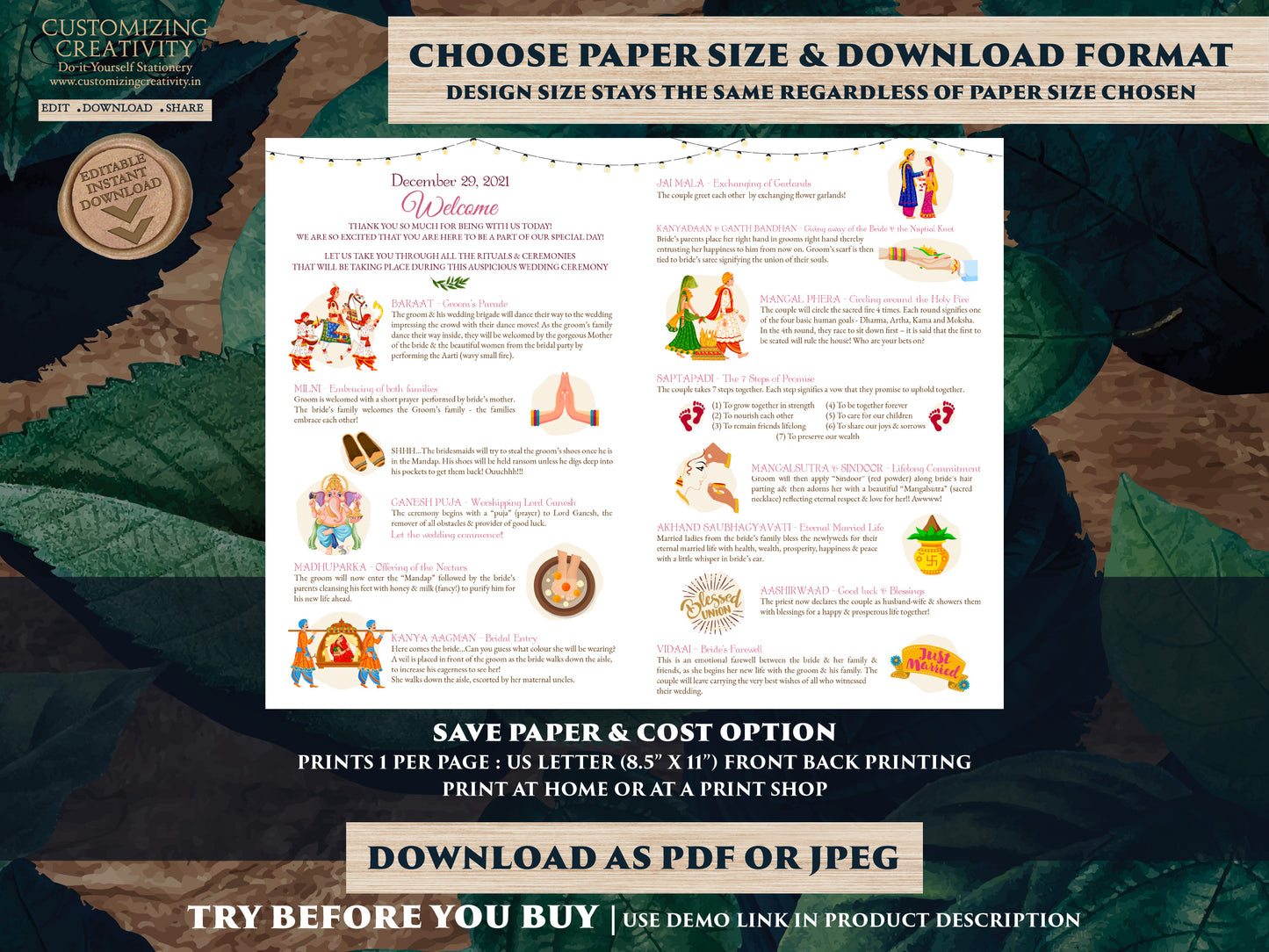 Hindu Wedding Program printable as Indian Wedding Ceremony program template, Hindu Ceremony program as Indian Wedding infographics Guide